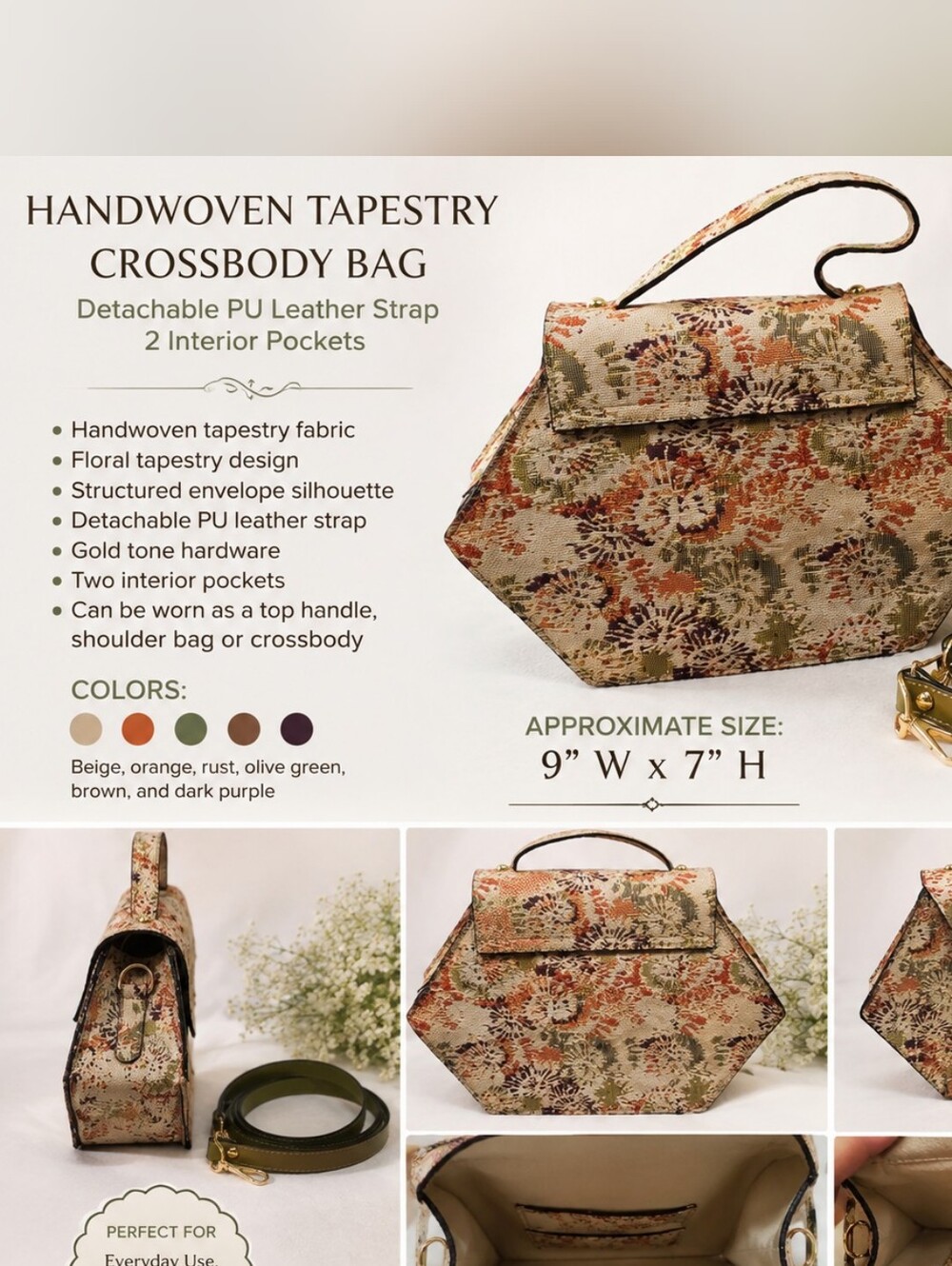 Handwoven Tapestry Crossbody Bag - Beige/Olive Green Floral